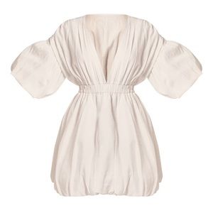 White puff sleeve puffball hem shift dress